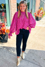 Load image into Gallery viewer, Hot Pink Leopard Shirred Puff Sleeve Flowy Blouse
