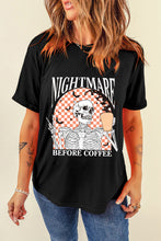 Load image into Gallery viewer, Black Nightmare Before Coffee Skull Checkerboard Graphic Halloween Tee
