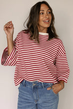 Cargar imagen en el visor de la galería, Red Stripe Bowknot Cutout Back Drop Shoulder Wide Bracelet Sleeve Loose Tee
