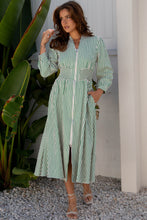 Load image into Gallery viewer, Green Stripe V Neck Zip Front Cinched High Waist Midi Dress
