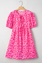 Load image into Gallery viewer, Rose Leopard Puff Sleeve Tie Front High Waist Mini Dress
