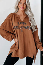 Cargar imagen en el visor de la galería, Chestnut Sequin Happy Halloween Graphic Notched Neck Long Sleeve Loose Top
