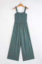 Load image into Gallery viewer, Green Floral Print Smocked High Waist Square Neck Jumpsuit
