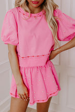 Load image into Gallery viewer, Pink Contrast Bow Trim Pearl Puff Sleeve Blouse and Skort 2pcs Set
