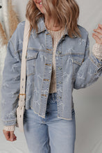 Load image into Gallery viewer, Sky Blue Bow Knot Print Light Wash Raw Hem Denim Jacket
