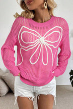 Load image into Gallery viewer, Sachet Pink Sweet Bow Decor Hollow Out Knitted Drop Shoulder Sweater
