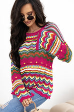 Cargar imagen en el visor de la galería, Rose Red Colorblock Striped Hollowed Knit Loose Sleeve Sweater
