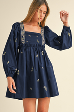 Load image into Gallery viewer, Blue Floral Embroidered Square Neck Puff Sleeve Ruffled Mini Dress
