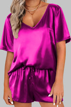 Cargar imagen en el visor de la galería, Bright Pink Satin V Neck Tee and Drawstring Shorts Set
