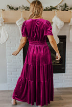 Cargar imagen en el visor de la galería, Red Dahlia Velvet Short Sleeve Shirred Waist Tiered Maxi Dress
