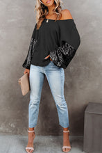 Cargar imagen en el visor de la galería, Black Sequin Patchwork Sleeve Open Back Waffle Knit Top
