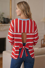 Cargar imagen en el visor de la galería, Racing Red Striped Bow Tie Hollowed Back 7/8 Sleeve Casual T-Shirt
