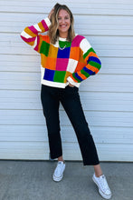 Load image into Gallery viewer, Orange Checkered Color Block Round Neck Loose Sweater
