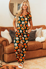 Cargar imagen en el visor de la galería, Orange Halloween Pattern Short Sleeve Shirt Pajama Set
