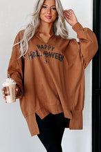 Cargar imagen en el visor de la galería, Chestnut Sequin Happy Halloween Graphic Notched Neck Long Sleeve Loose Top
