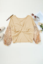 Load image into Gallery viewer, Apricot Sequin Patchwork Sleeve Open Back Waffle Knit Top
