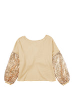 Load image into Gallery viewer, Apricot Sequin Patchwork Sleeve Open Back Waffle Knit Top
