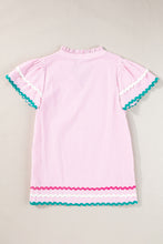 Load image into Gallery viewer, Pink Stripe Ricrac Trim Split Neck Striped Ruffled Sleeve Blouse
