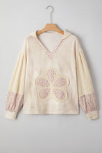 Load image into Gallery viewer, Beige Floral Patched Waffle Textured Colorblock V Neck Casual Hooded Top
