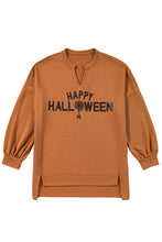 Cargar imagen en el visor de la galería, Chestnut Sequin Happy Halloween Graphic Notched Neck Long Sleeve Loose Top
