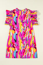 Load image into Gallery viewer, Rose Abstract Print Frilled Neck Ruffled Sleeve Mini Dress
