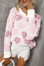 Cargar imagen en el visor de la galería, Pink Heart Leopard Print Pearled Ribbed Trim Fuzzy Sweater
