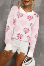 Cargar imagen en el visor de la galería, Pink Heart Leopard Print Pearled Ribbed Trim Fuzzy Sweater
