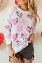 Cargar imagen en el visor de la galería, Pink Heart Leopard Print Pearled Ribbed Trim Fuzzy Sweater
