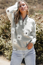 Cargar imagen en el visor de la galería, Gray Floral Pattern Half Zip Drop Shoulder Sweater
