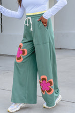 Load image into Gallery viewer, Sea Green Color Block Flower Patchwork Drawstring Contrasted Elastic Waist Wide Leg Pants
