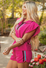 Load image into Gallery viewer, Strawberry Pink Striped Detail Flutter Sleeve Zipped Collar Short Set
