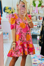 Cargar imagen en el visor de la galería, Pink Floral Bubble Sleeve V Neck Ruffled Mini Dress
