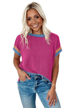 Cargar imagen en el visor de la galería, Bright Pink Textured Contrast Trim Round Neck T Shirt
