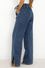 Load image into Gallery viewer, Dark Blue Drawstring Elastic Waist Wide Leg Jeans
