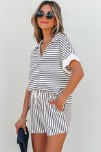 Load image into Gallery viewer, Black Stripe V Neck Tee and Casual Short Set
