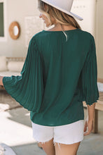 Load image into Gallery viewer, Blackish Green 3/4 Pleated Bell Sleeve V Neck Blouse
