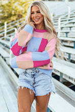 Cargar imagen en el visor de la galería, Rose Red Color Block Drop Shoulder Crewneck Loose Fit Sweater
