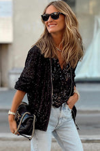 Cargar imagen en el visor de la galería, Black Sequin Zip up Round Neck Long Sleeve Jacket
