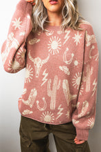 Cargar imagen en el visor de la galería, Peach Blossom Western Print Drop Shoulder Round Neck Long Sleeve Sweater
