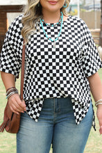 Load image into Gallery viewer, Black Checkered Print Side Slits O Neck Plus Size T Shirt
