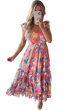 Load image into Gallery viewer, Pink Floral Print Sleeveless Ruffle Tiered Maxi Dress
