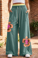 Cargar imagen en el visor de la galería, Sea Green Color Block Flower Patchwork Drawstring Contrasted Elastic Waist Wide Leg Pants
