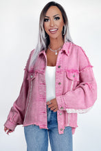 Load image into Gallery viewer, Pink Lace Patchwork Distressed Buttoned Denim Jacket
