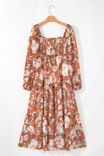 Cargar imagen en el visor de la galería, Brown Floral Print Shirred Square Neck High Waist Maxi Dress
