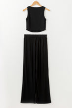 Cargar imagen en el visor de la galería, Black Textured Sleeveless Crop Top and Wide Leg Pants Outfit
