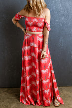 Cargar imagen en el visor de la galería, Red Floral Shirred Off Shoulder Crop Top and Slit Maxi Skirt Set
