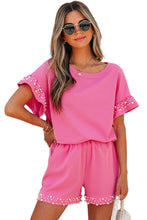 Cargar imagen en el visor de la galería, Bright Pink Textured Pearled Ruffle Sleeve Top 2 Piece Shorts Set
