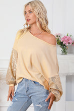 Load image into Gallery viewer, Apricot Sequin Patchwork Sleeve Open Back Waffle Knit Top
