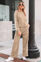 Cargar imagen en el visor de la galería, Oatmeal Varsity Striped Detail Crewneck Pullover Elastic Sweatpants 2pcs Outfit
