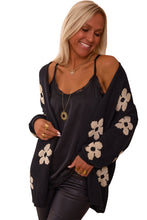 Cargar imagen en el visor de la galería, Black Floral Print Knitted Open Front Loose Cardigan
